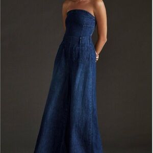 Anthropologie Dark Blue Denim Wide-Leg Jumpsuit